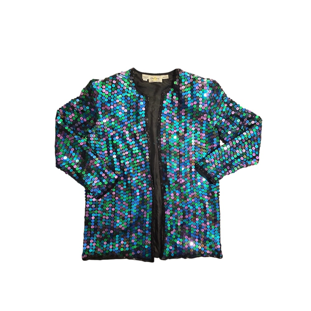 Oleg Cassini Vintage Multi Color Sequin Silk Open Front Jacket Teal Purple Small